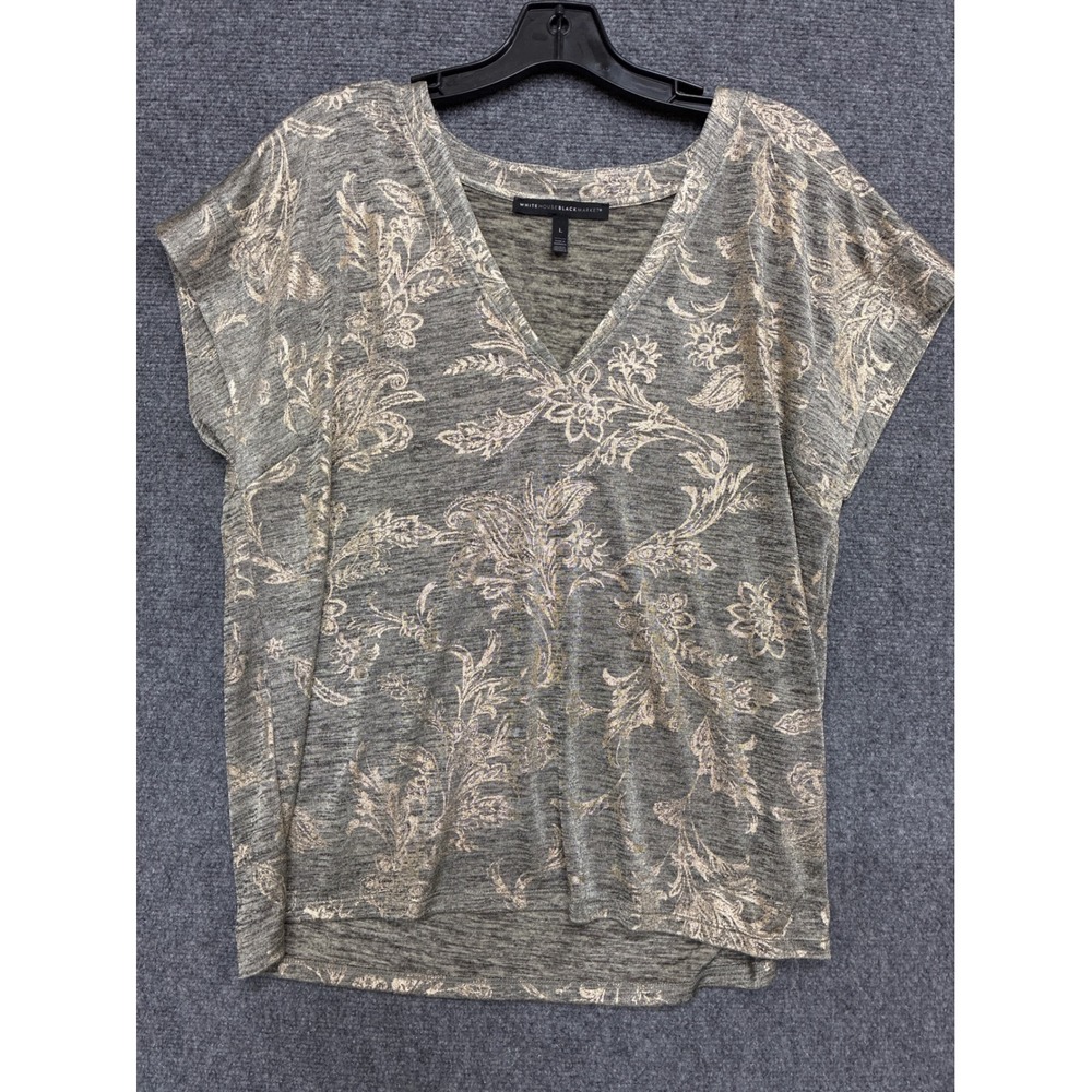 White House Black Market Metallic Floral Paisley V-Neck Top Olive Gold Large